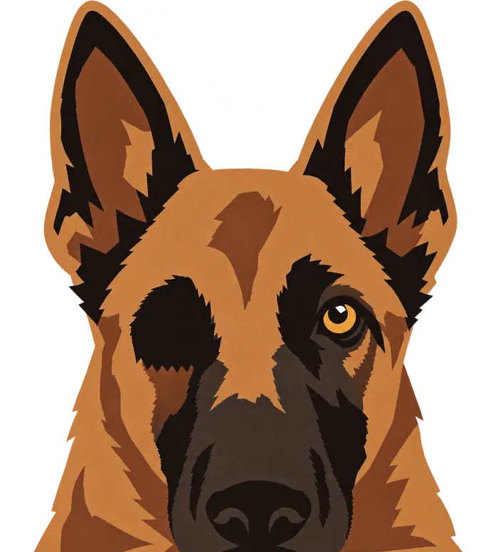 Mala, una malinois con un solo ojo, asomando con las orejas tiesas.
